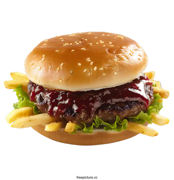 [Transparent Background PNG]Close Up Of A Burger With French Fries And Sauce