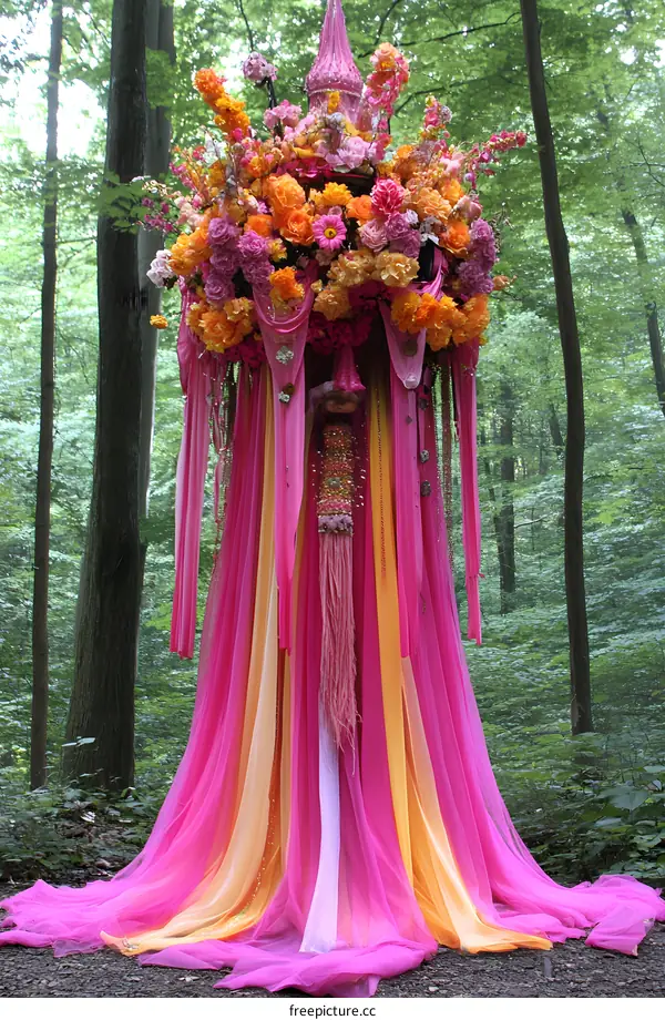 Colorful Flower Arrangement With Pink And Yellow Fabric In The Forest