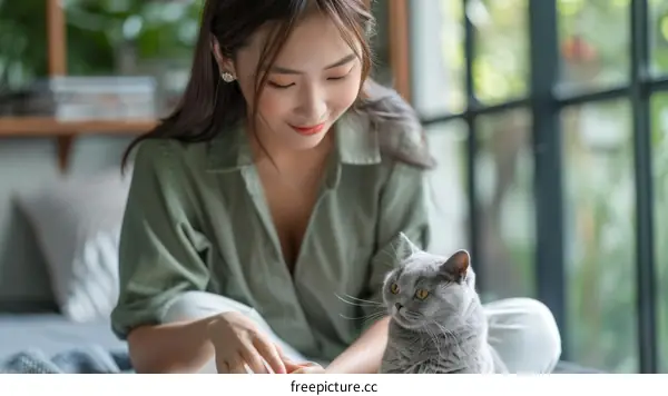 A young woman is sitting on a bed with a gray cat
