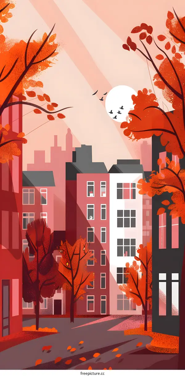 Autumn Illustration with Red Leaves and Cityscape