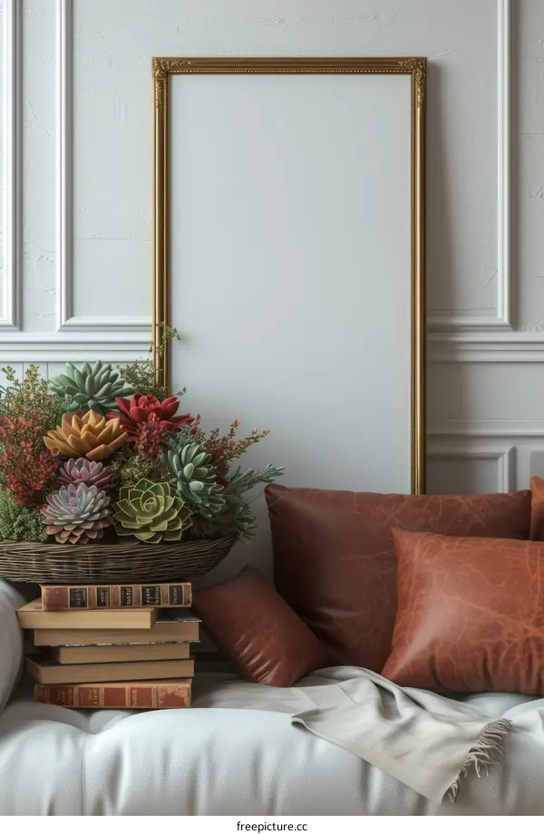 A beautiful living room with a large gold frame, leather pillows, and a plant on a stack of books