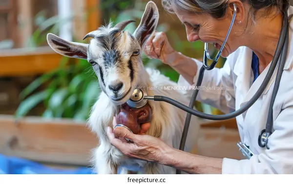 A veterinarian examines a goat's heart with a stethoscope