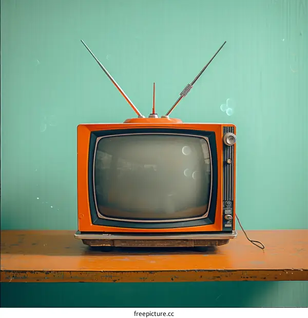 Retro television set on a wooden table with a green background