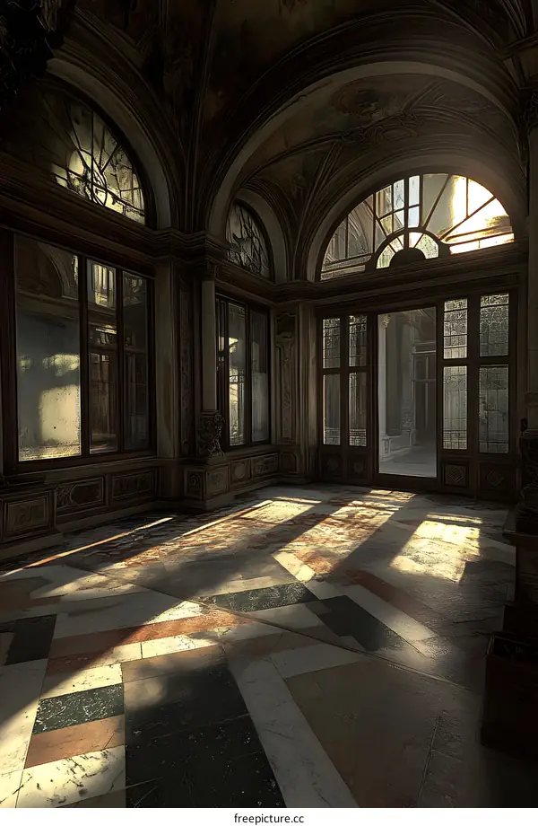 Sunlight Streaming Through Windows in an Abandoned  Italian Palace Hallway