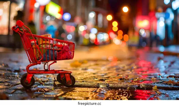 Red Shopping Cart On Wet Pavement In Night City