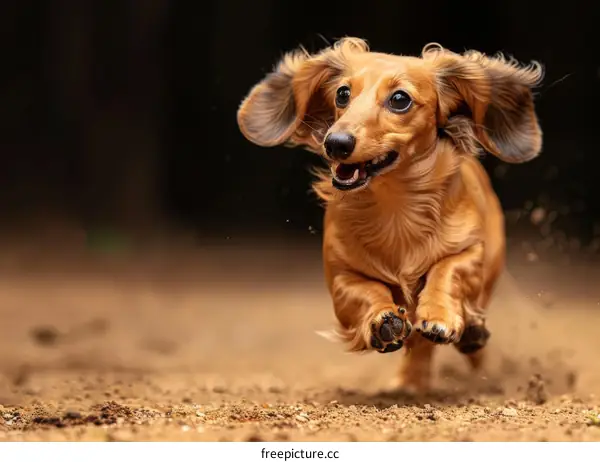 A happy brown miniature dachshund running in the dirt