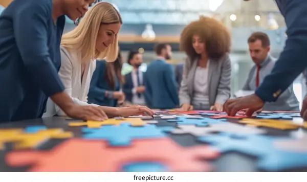 Diverse group of business professionals collaborating on a puzzle