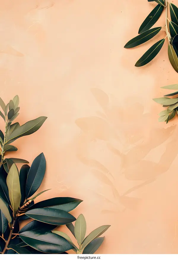 Green Leaves on Peach Background