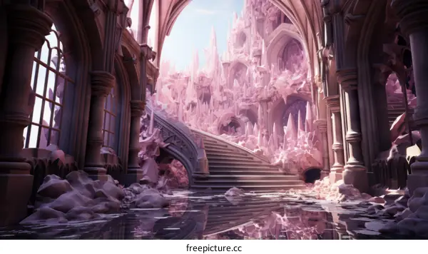 Mystical pink crystal palace with stairs and廊柱