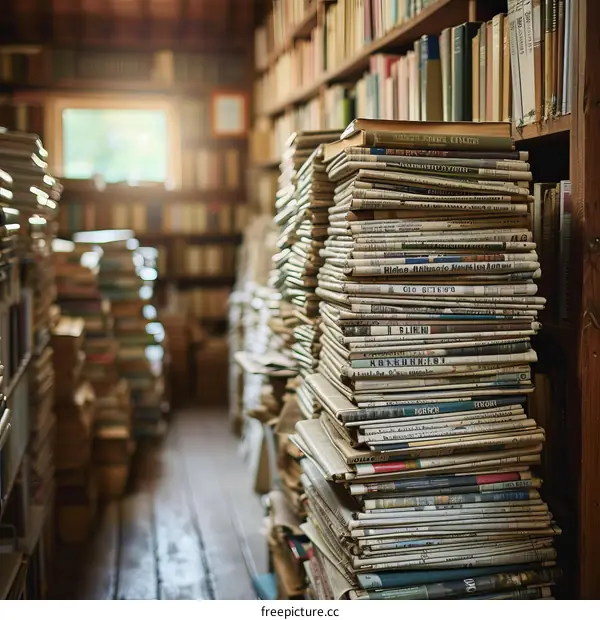 Stacks of old newspapers and magazines in a library