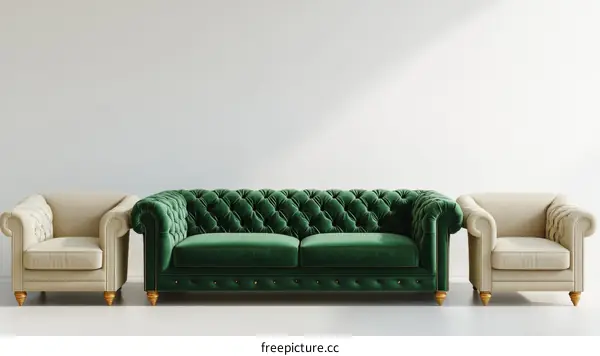 Elegant Green and Beige Chesterfield Sofa and Armchairs