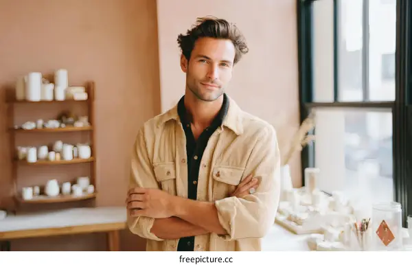 Confident Craftsman Posing in Artisan Studio