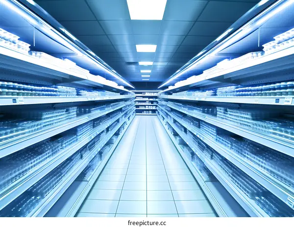 Empty Supermarket Aisle With Shelves Full Of Products