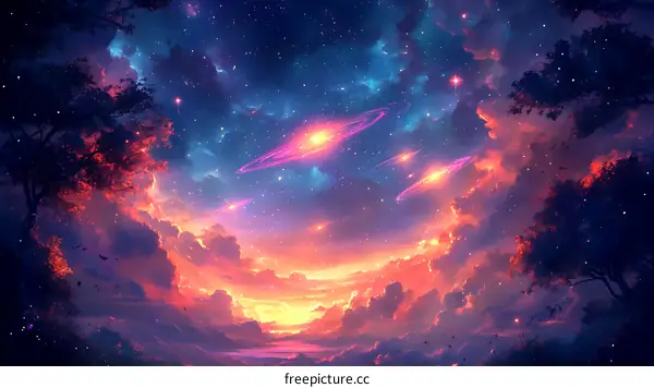 Colorful Cosmic Sky Above the Trees