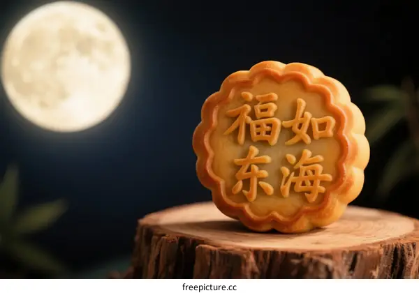 Mooncake with 'Blessings Like the East Sea' Inscription Under Full Moon