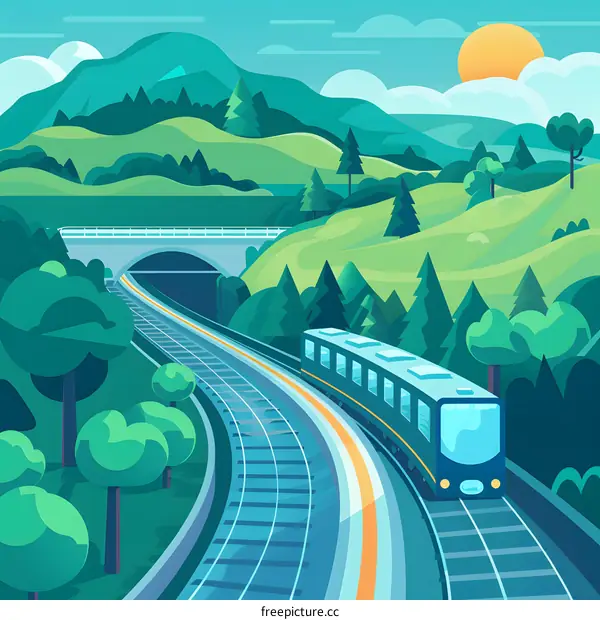 Train Traveling Through Mountains Landscape Illustration