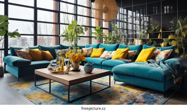 Blue and Yellow Living Room With Plants