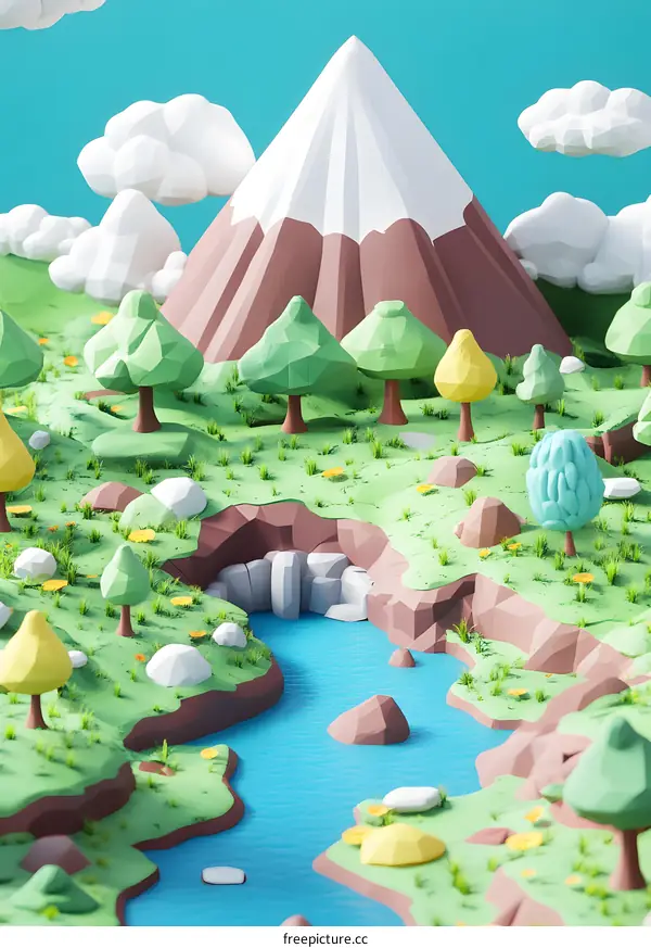 Low Poly Mountain Landscape with River and Trees