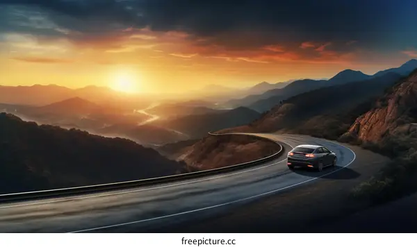 Car driving on a winding road in the mountains at sunset