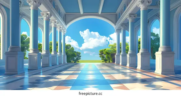 Hallway with blue sky and white clouds