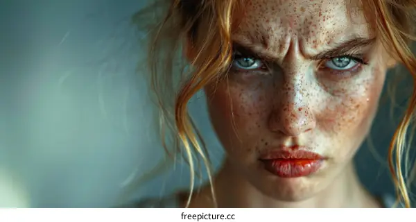 Closeup Portrait of an Angry Woman with Freckles
