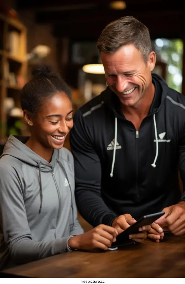 Smiling man and woman looking at a tablet