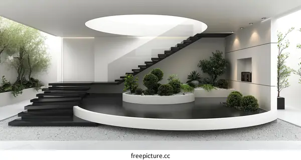 Black and white modern interior with curved staircase and indoor garden