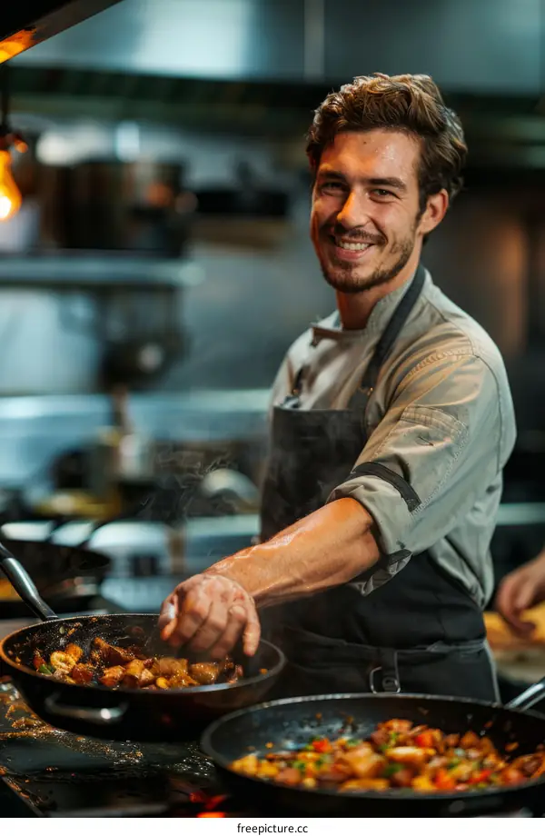 Handsome young male chef smiling while cooking in a commercial kitchen