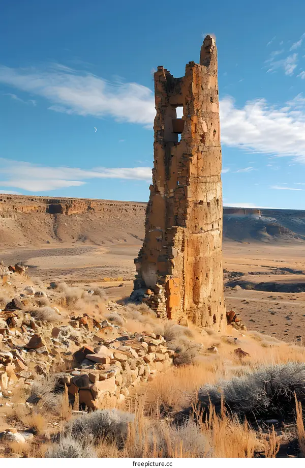 Ruins of a stone watchtower in the desert