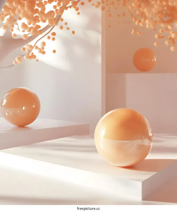Abstract Minimalist 3D Render of a Scene with White Platforms and Orange Spheres