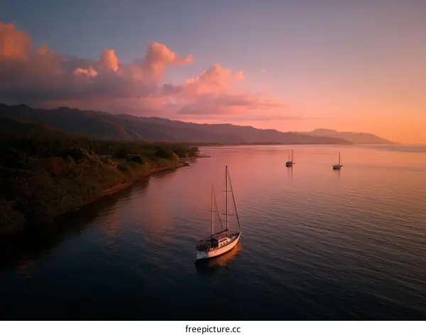 Sunrise over the Coastal Waters with Sailboats