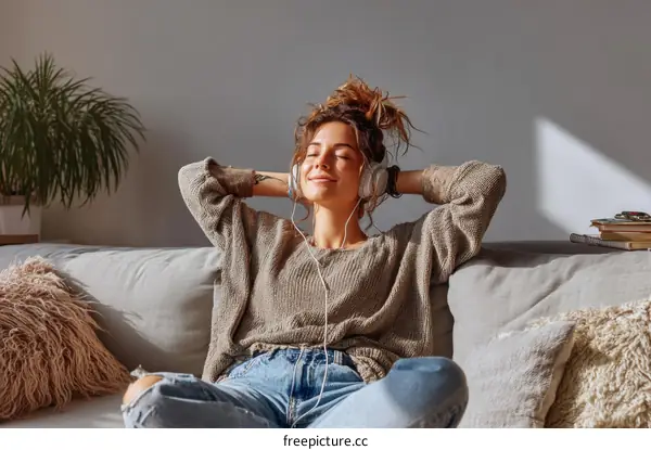 Woman Relaxing on Sofa with Headphones