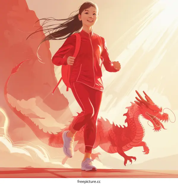 A girl running with a dragon in the background