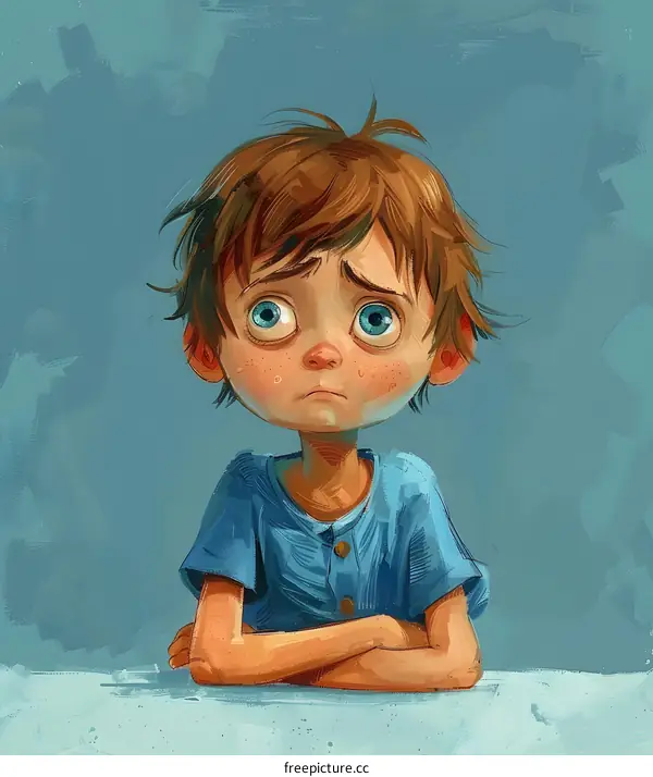sad boy with brown hair blue eyes crossed arms