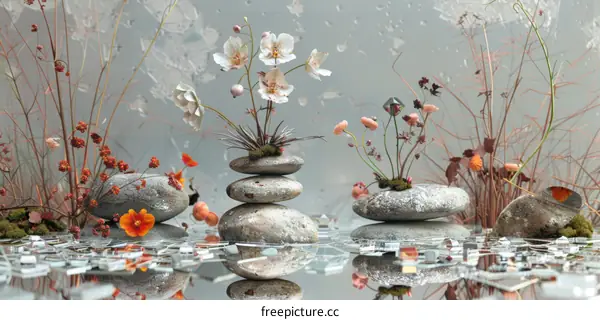 Zen Garden with Flowers, Stones, and Reflections