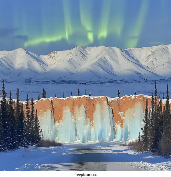 Frozen Waterfall In Snowy Mountains With Northern Lights