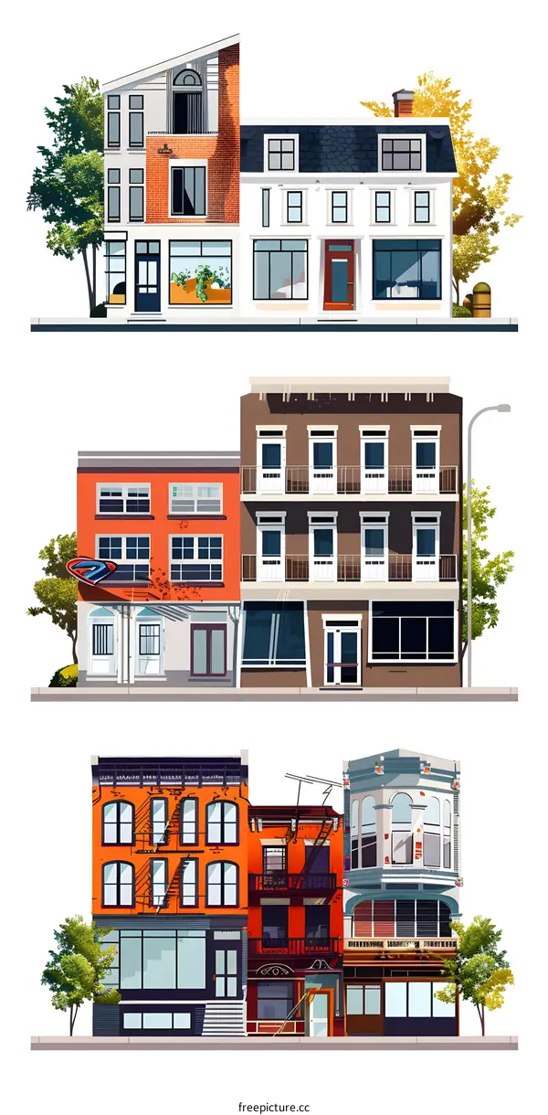 Colorful Illustration of Three Storefronts