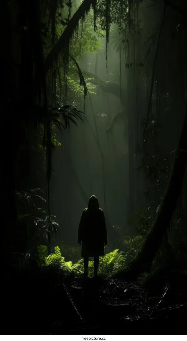 A lone figure stands in a dark forest