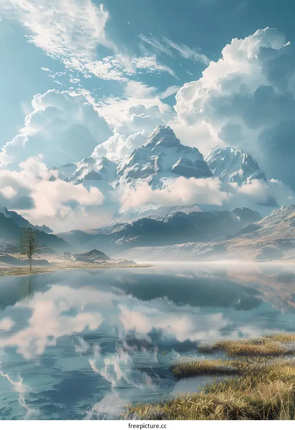 Mountains and lake under the vast sky