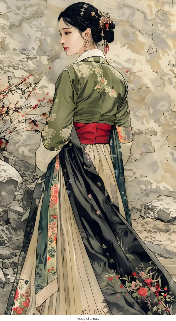 A beautiful painting of a woman in a traditional Korean dress, with a red sash and a long flowing skirt.