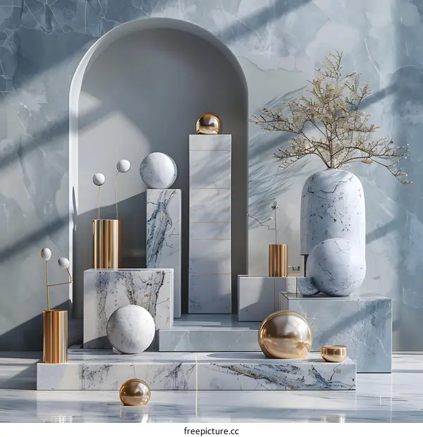 Marble Podium with Golden Vase and Orbs 3D Render