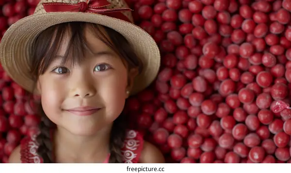Little girl surrounded by red candies