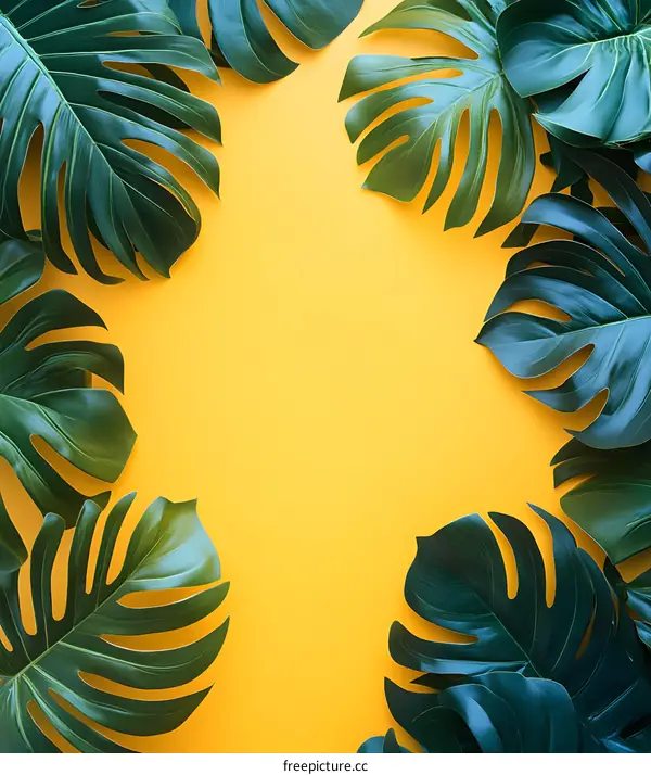 Tropical Green Leaves Border On Yellow Background