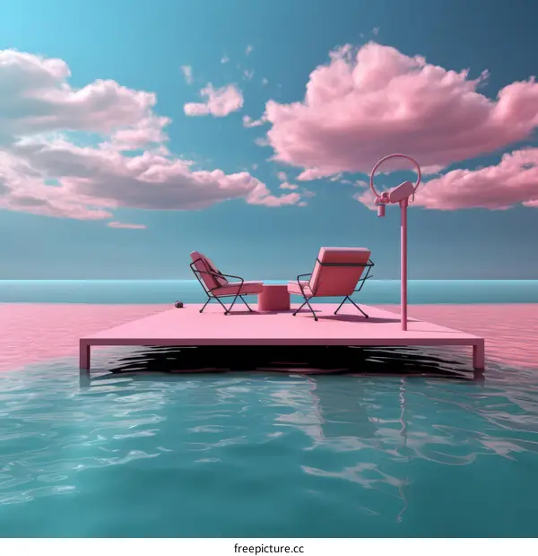 Surreal Seascape with Floating Pink Platform and Misty Clouds
