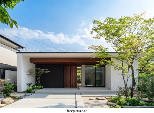 Modern Minimalist Japanese Style House Exterior with a Small Garden