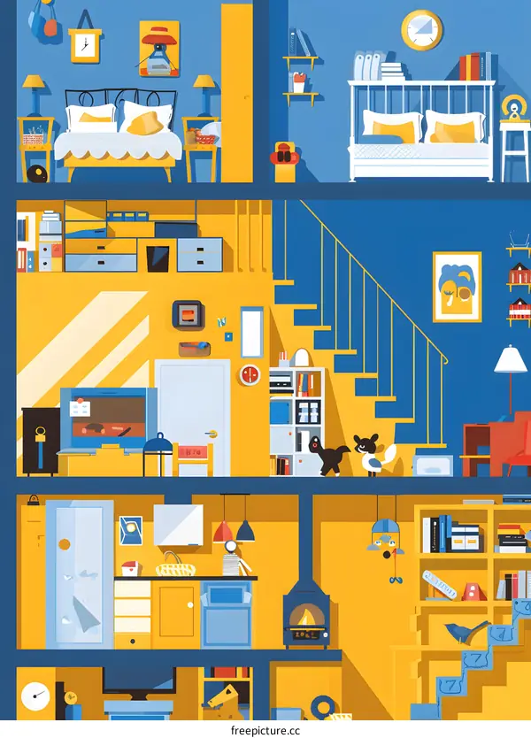 Yellow and Blue Illustration of a Home Interior