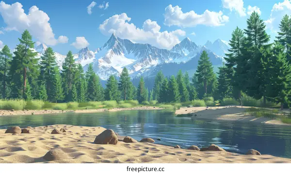 Mountains Reflected in Water with Green Pines on Shore