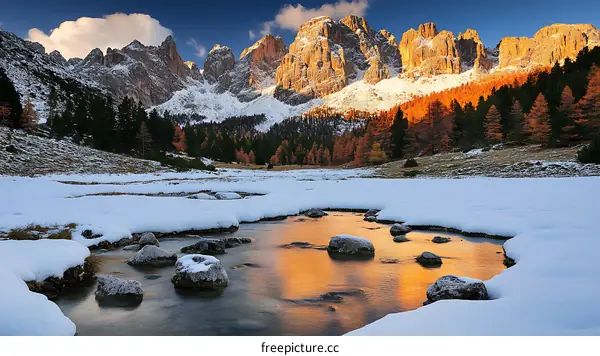 Winter Mountain Landscape with Snow and Colorful Trees