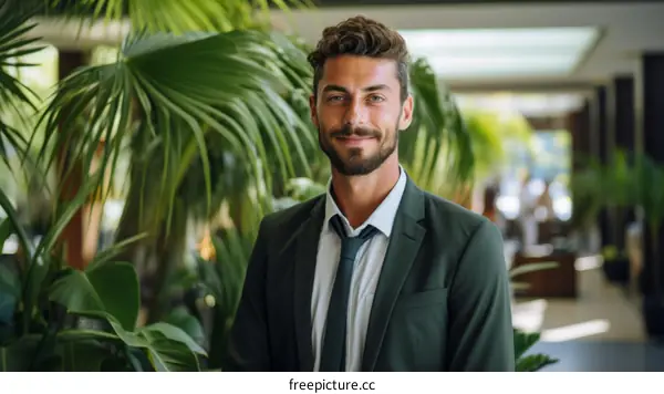 Confident young businessman standing in a tropical setting