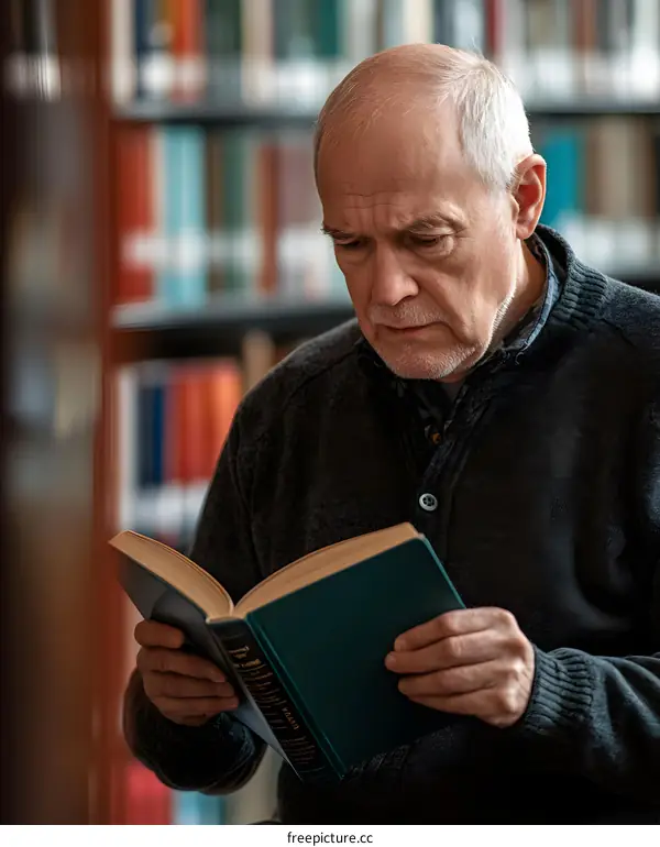 Senior Man Reading Book in Library